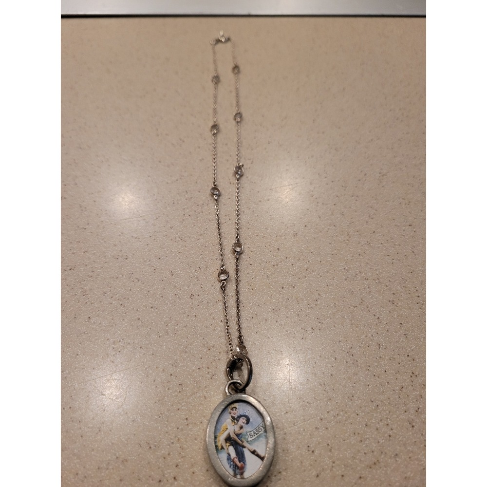 Sterling Silver Sassy Reversible Quote Pendant‎ Station Necklace Clear Crystal